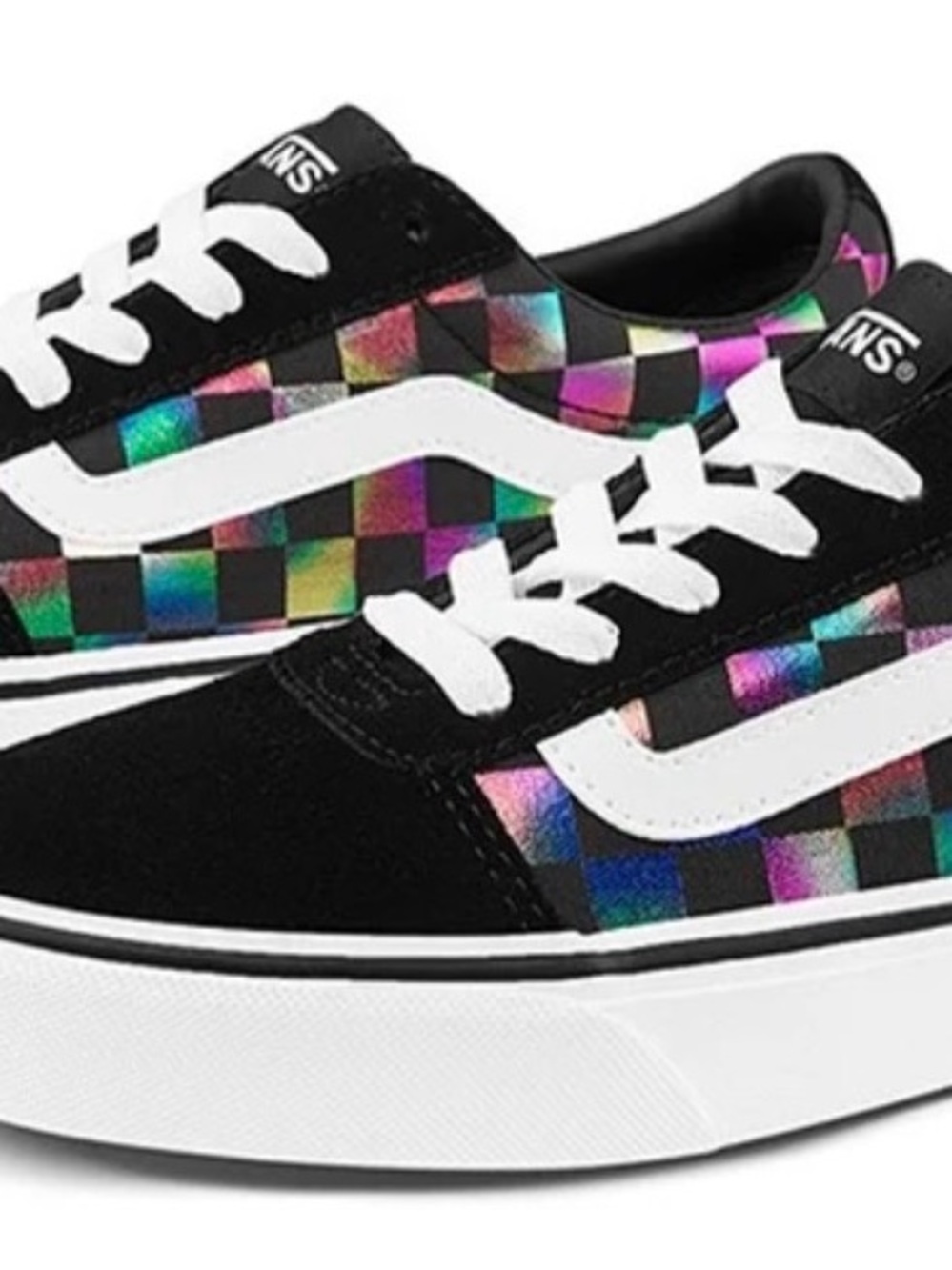 Vans Kids Black Sneakers with Holographic Rainbow Checkerboard